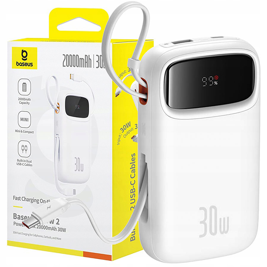 پاوربانک بیسوس QPow 2 20000mAh 30W مدل PPQD4-C20 رنگ سفید